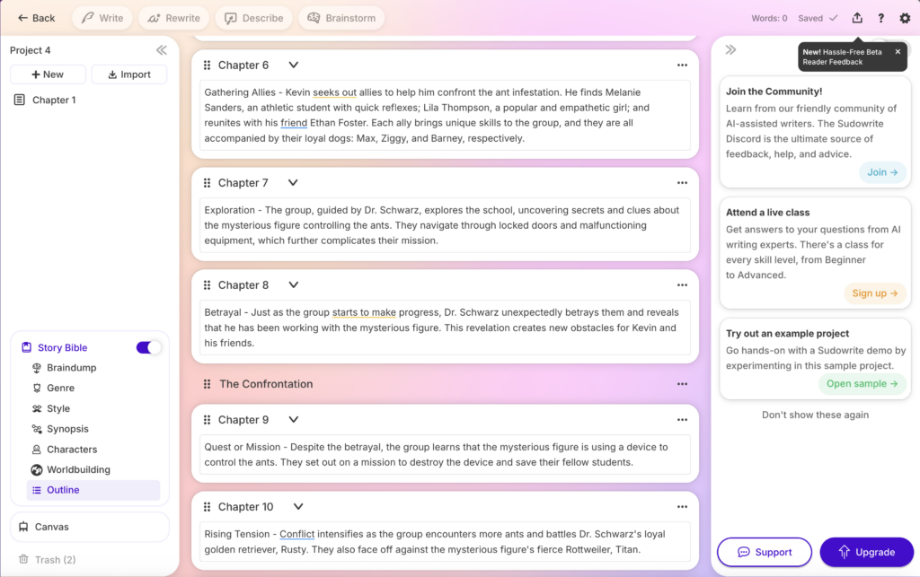 Screenshot einer Outline in Sudowrite.