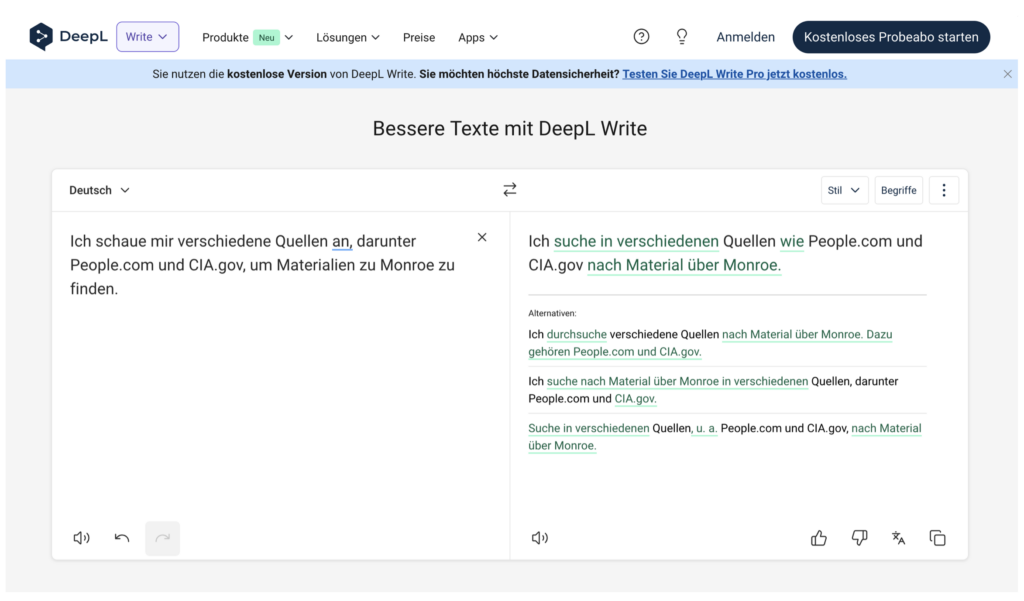 Schreenshot von DeepL Write in der kostenlosen Variante