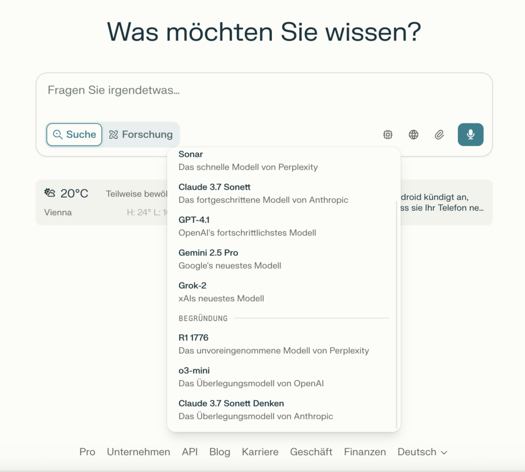 Screenshot der Perplexity Modellauswahl (Stand 16. April 2025)