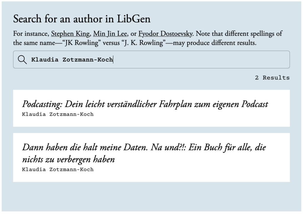 Screenshot der The Atlatic Website mit dem Suchergebnis meiner Bücher in der Piratierie-Datenbank-Suche