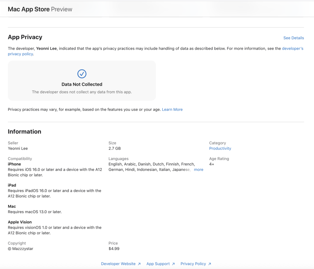 Screenshot der WhisperNotes-Seite im Apple AppStore