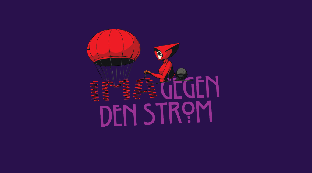 Header mit Schriftzug "Gegen den Strom" und dem Logo der Veranstaltung IMA20+, das eine weibliche Person zeigt, die den Steuerknüppel eines stilisierten Luftschiffs bedient