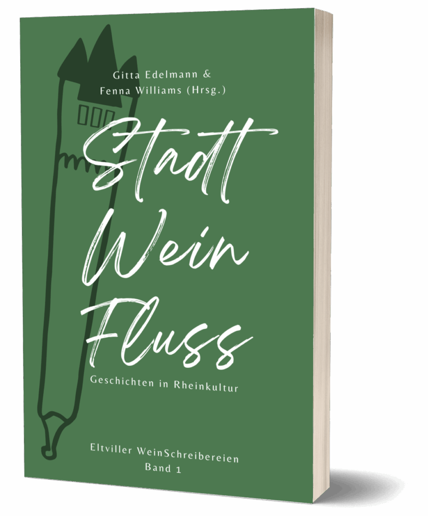 Cover-Mock-up der ersten WeinSchreibereien-Anthologie mit dem Titel "Stadt – Wein – Fluss: Geschichten in Rheinkultur"