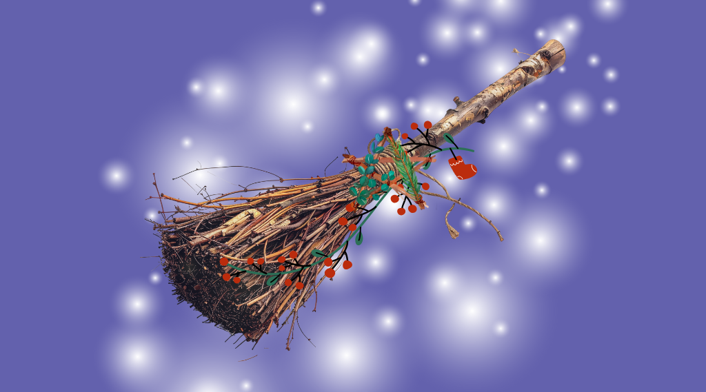 Headergrafik mit einem stilisierten Reisigbesen mit Girlande